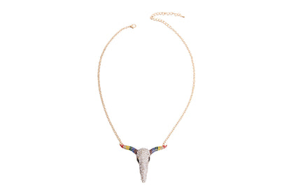 Gold-tone chain necklace with a rhinestone longhorn pendant and rainbow-colored horns