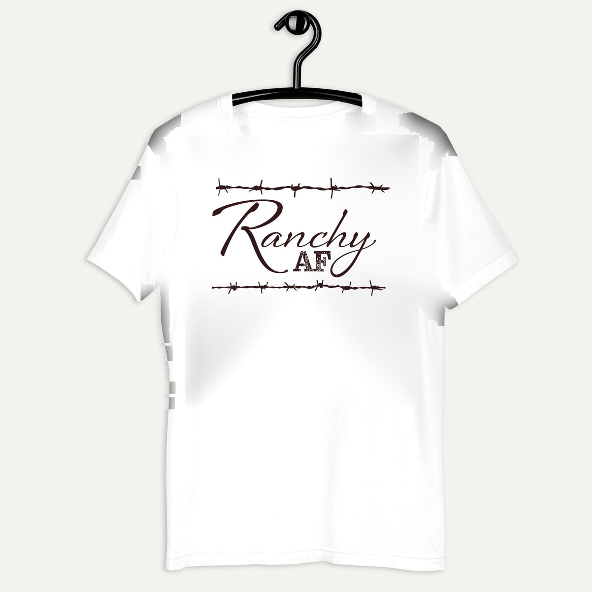 Ranchy AF Short Sleeve Tee in White, on hanger