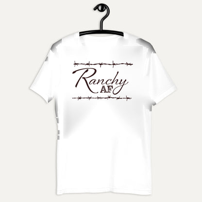 Ranchy AF Short Sleeve Tee in White, on hanger