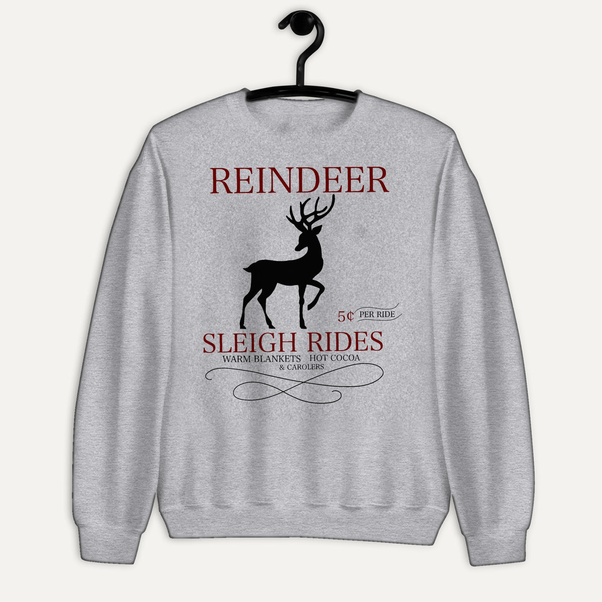 Reindeer Sleigh Rides Unisex Long Sleeve Sweatshirt in Sport Grey, on hanger