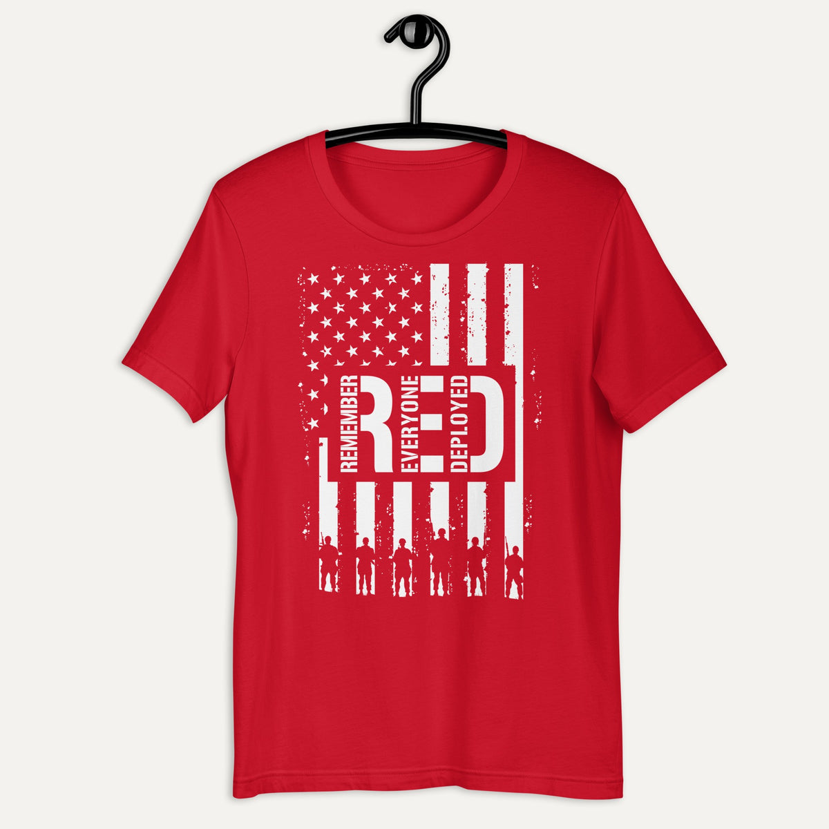 Remember Everyone Deployed Short Sleeve Tee in Red, on hanger