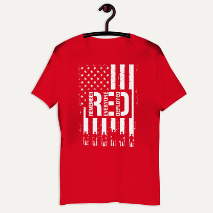 Remember Everyone Deployed Short Sleeve Tee in Red, on hanger