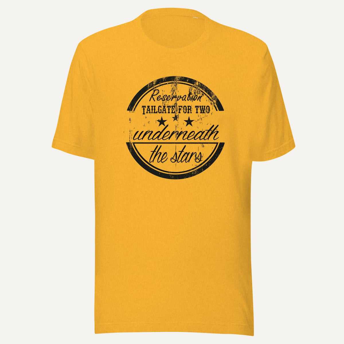 Reservation Tailgate For Two Short Sleeve Tee in Heather Yellow Gold, front view