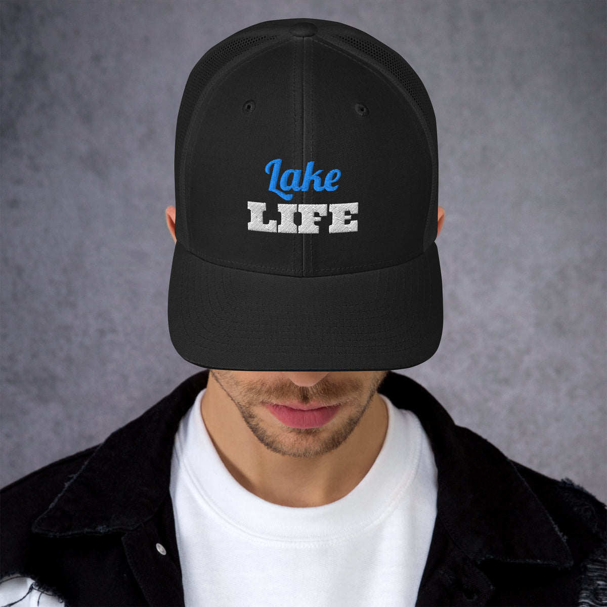 Lake Life Embroidered Trucker Hat in Black, front view