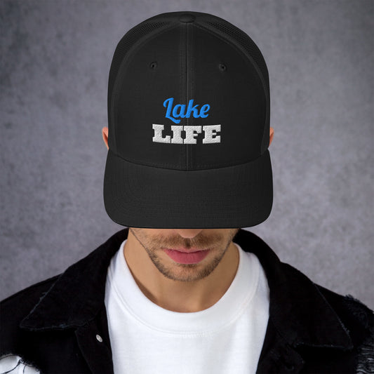 Lake Life Embroidered Trucker Hat in Black, front view