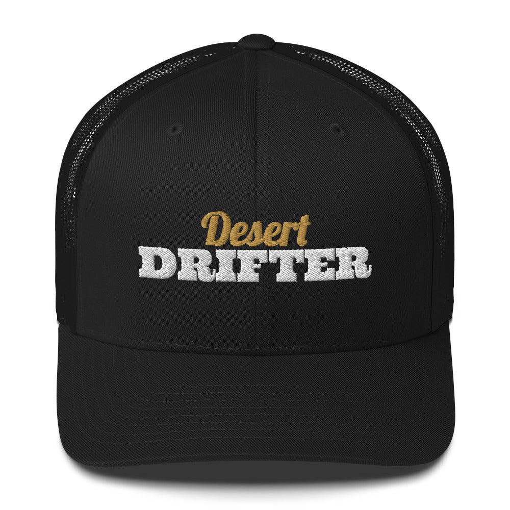 Desert Drifter Embroidered Trucker Hat in Black, front view