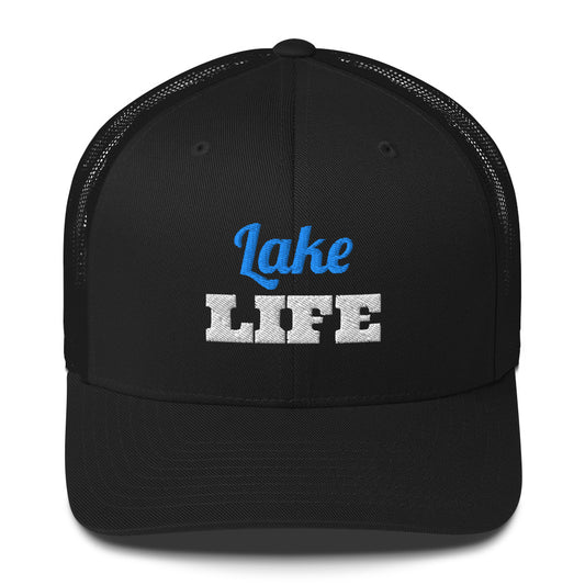 Lake Life embroidered retro trucker hat in Black with aqua and white embroidery, front view