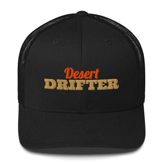 Desert Drifter embroidered retro trucker hat in Black with old gold and orange embroidery, front view