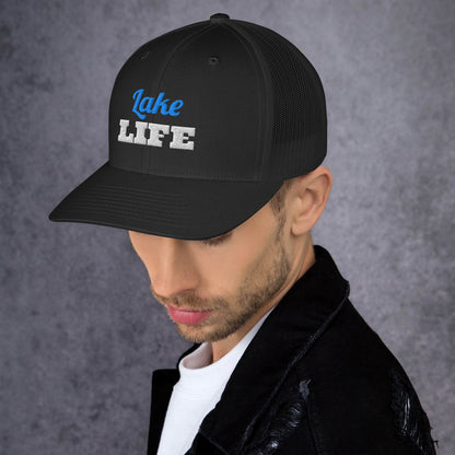 Lake Life Embroidered Trucker Hat in Black, left front view