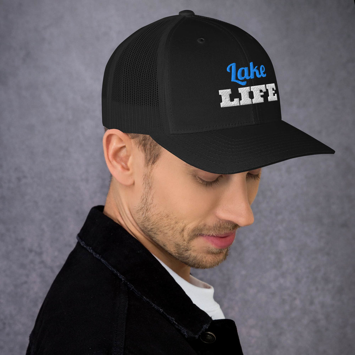Lake Life Embroidered Trucker Hat in Black, right front view