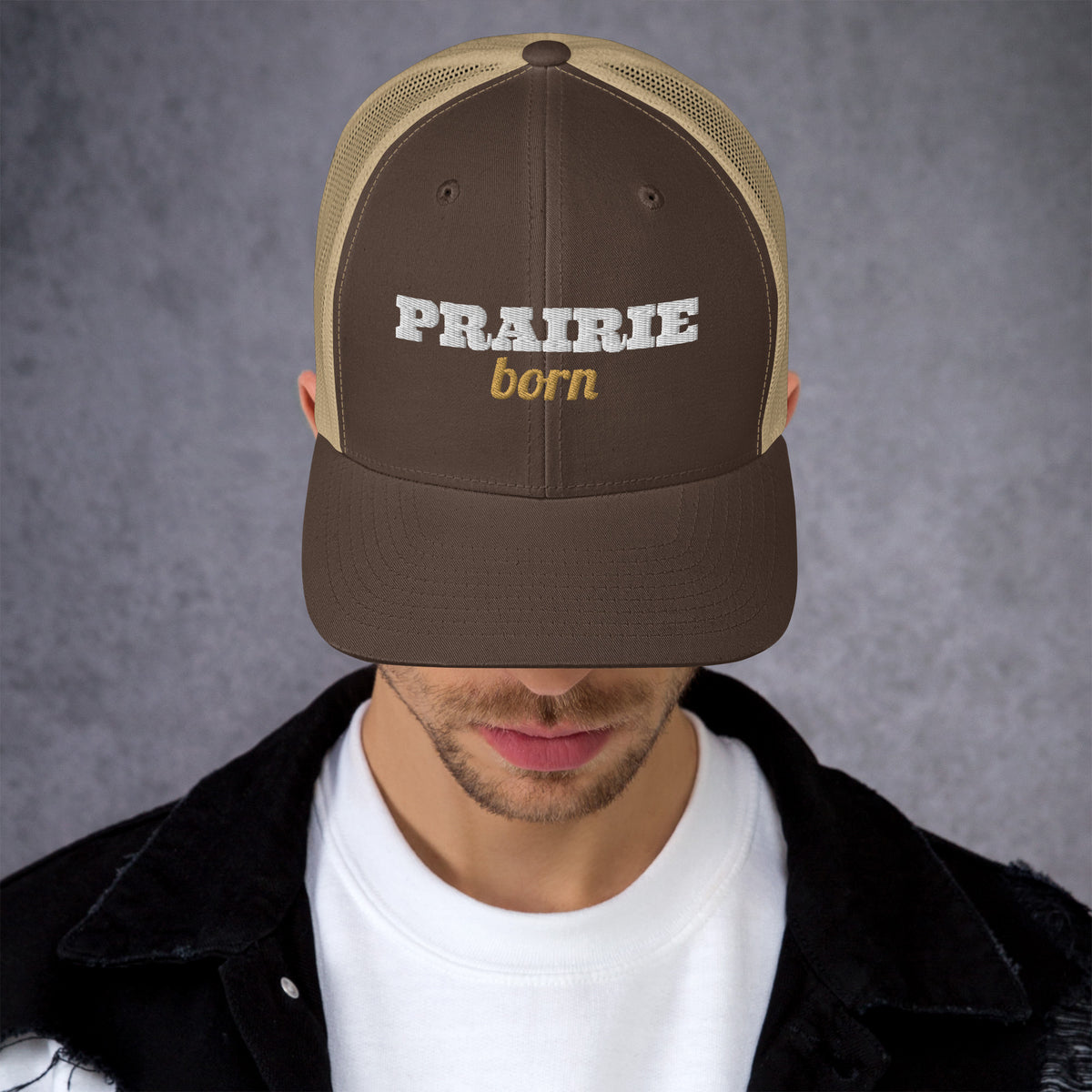 Prairie Born Embroidered Trucker Hat in Brown/ Khaki, front view
