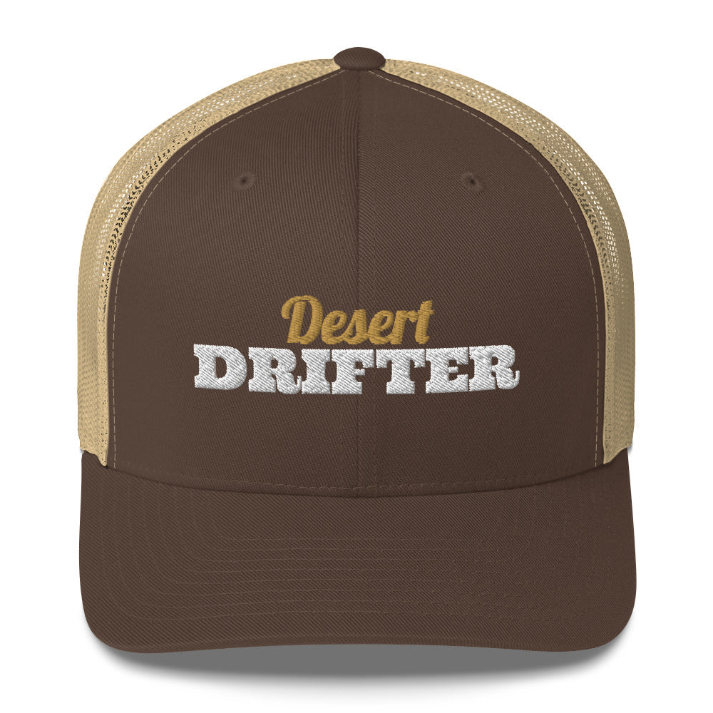 Desert Drifter Embroidered Trucker Hat in Brown/ Khaki, front view