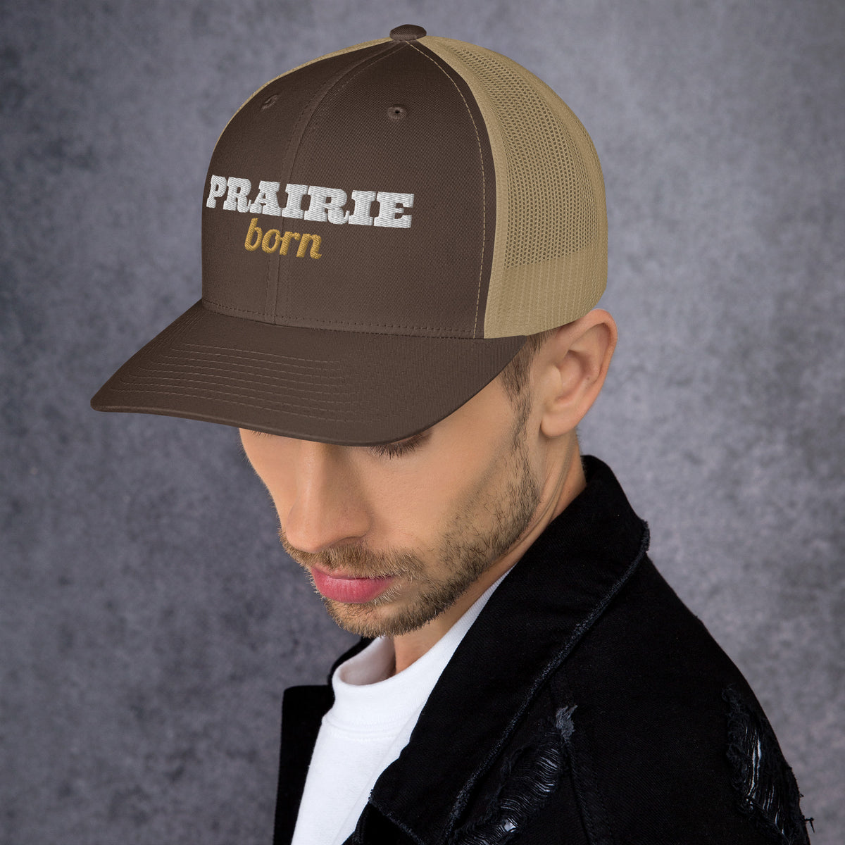 Prairie Born Embroidered Trucker Hat in Brown/ Khaki, left front view