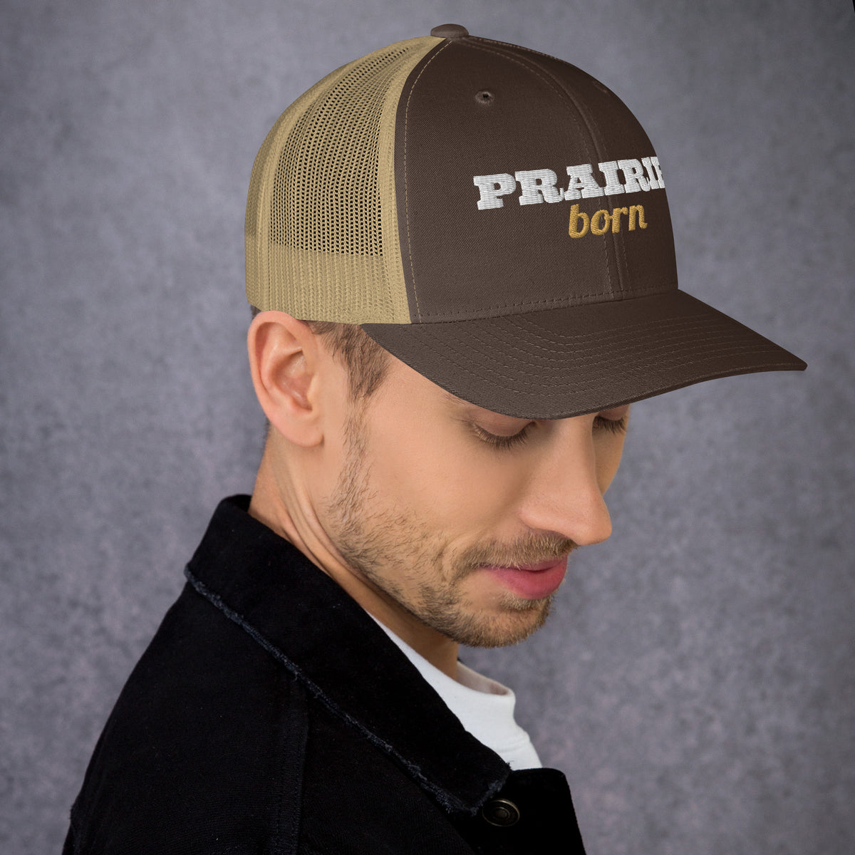 Prairie Born Embroidered Trucker Hat in Brown/ Khaki, right front view
