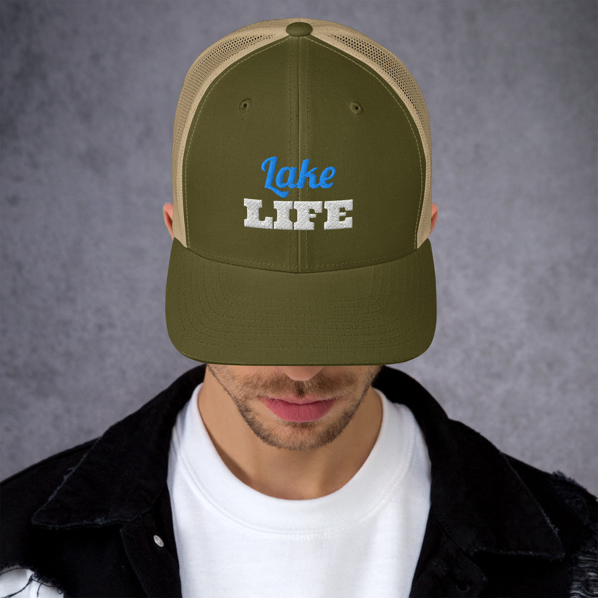 Lake Life Embroidered Trucker Hat in Moss/ Khaki, front view