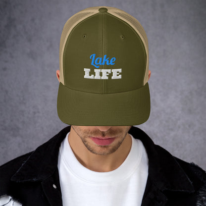 Lake Life Embroidered Trucker Hat in Moss/ Khaki, front view