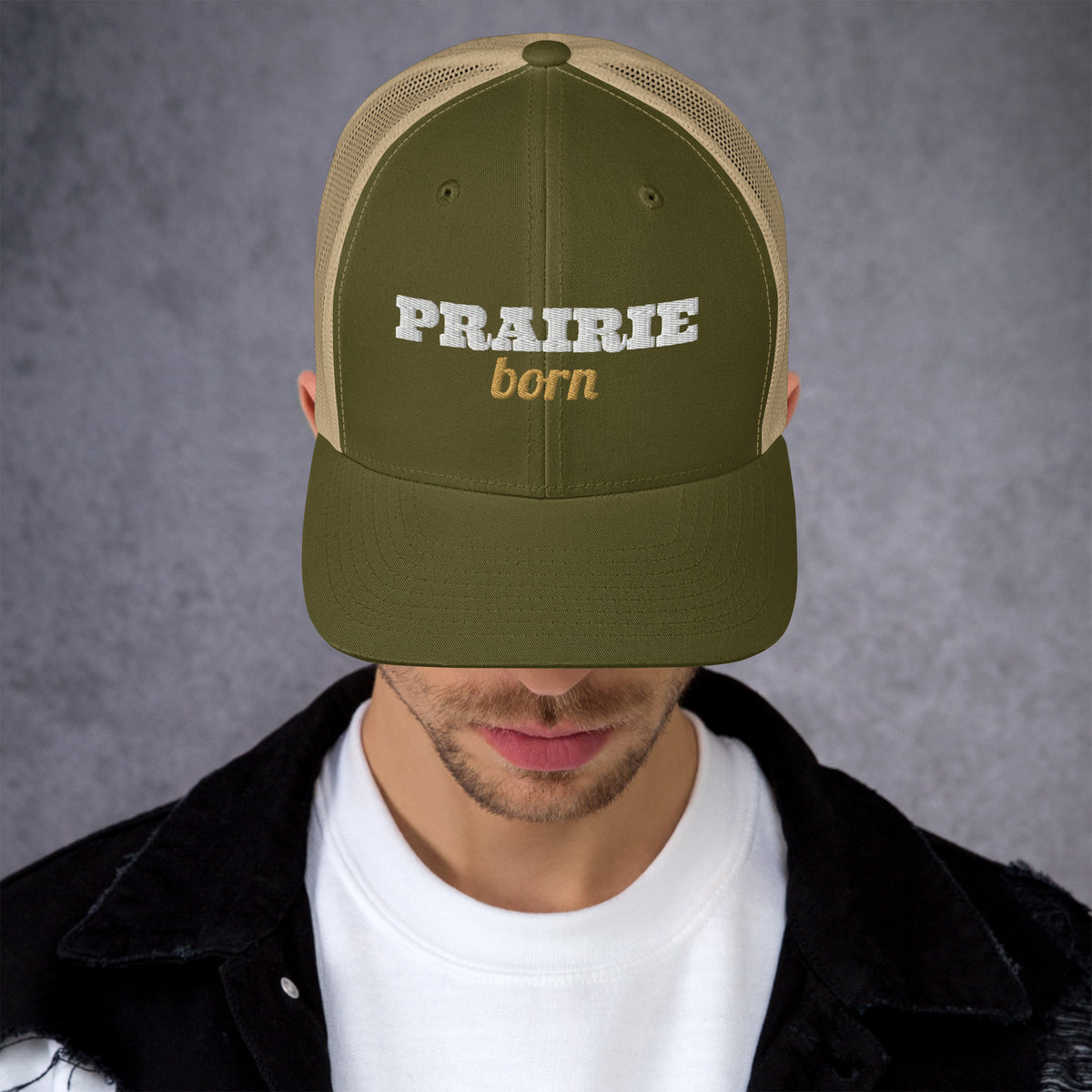 Prairie Born Embroidered Trucker Hat in Moss/ Khaki, front view