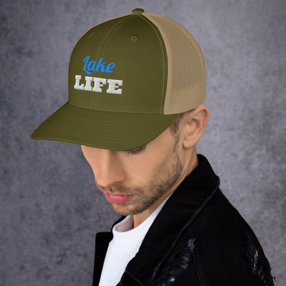 Lake Life Embroidered Trucker Hat in Moss/ Khaki, left front view