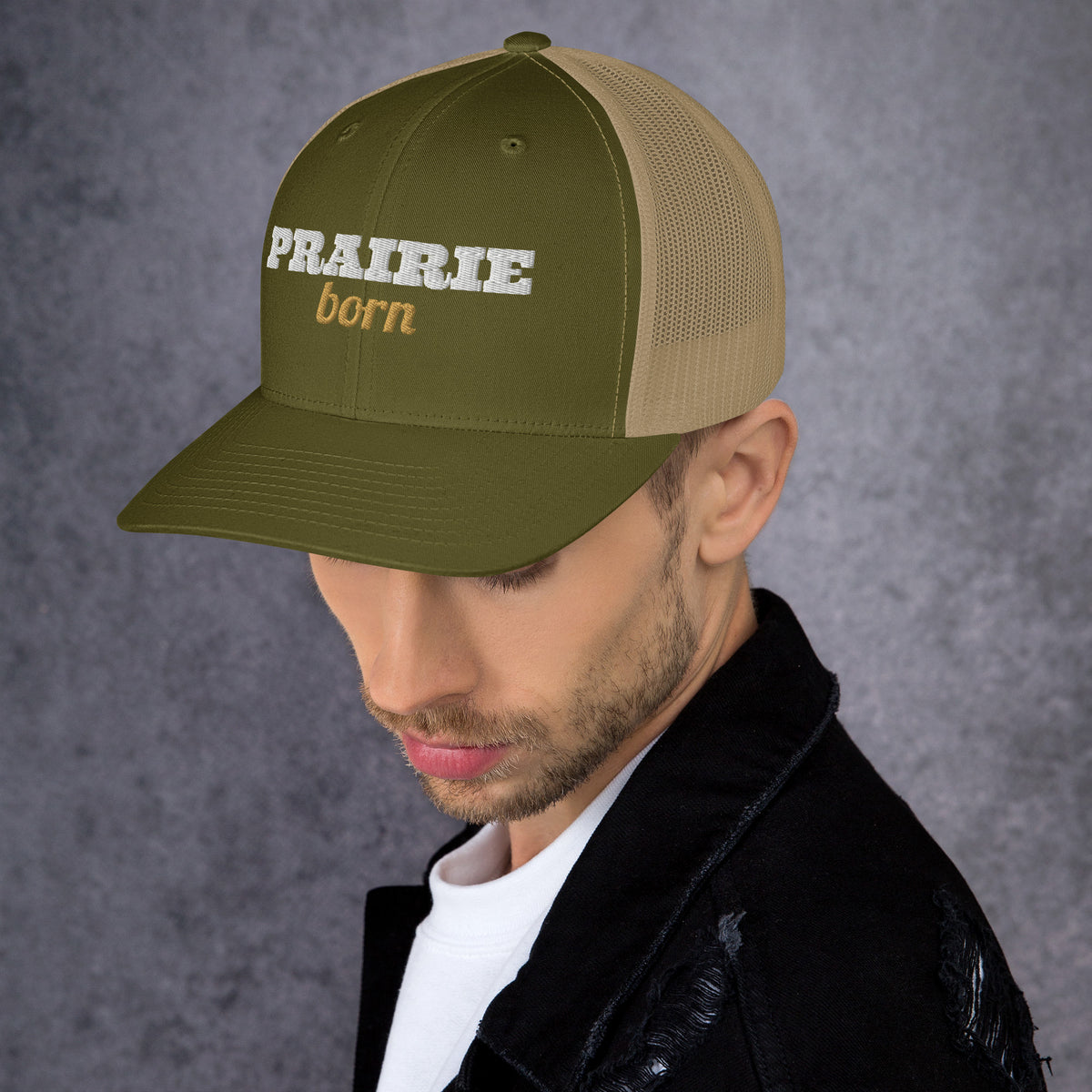 Prairie Born Embroidered Trucker Hat in Moss/ Khaki, left front view