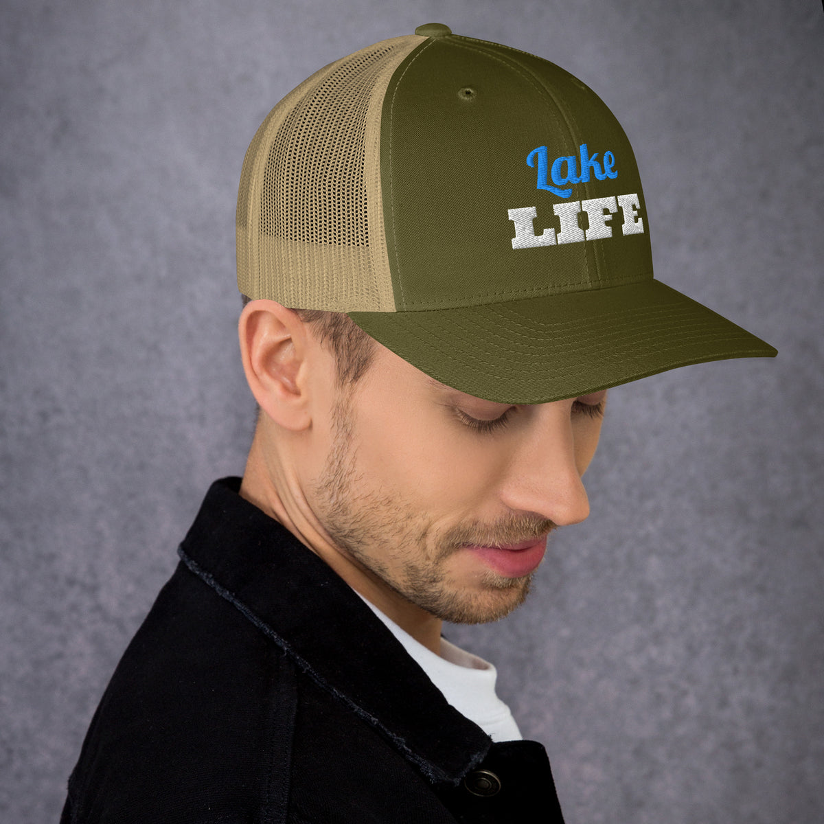 Lake Life Embroidered Trucker Hat in Moss/ Khaki, right front view