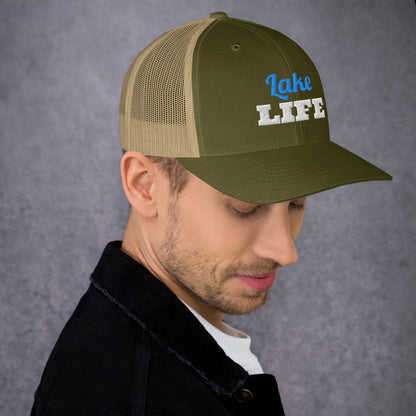 Lake Life Embroidered Trucker Hat in Moss/ Khaki, right front view