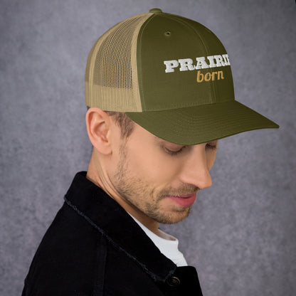 Prairie Born Embroidered Trucker Hat in Moss/ Khaki, right front view