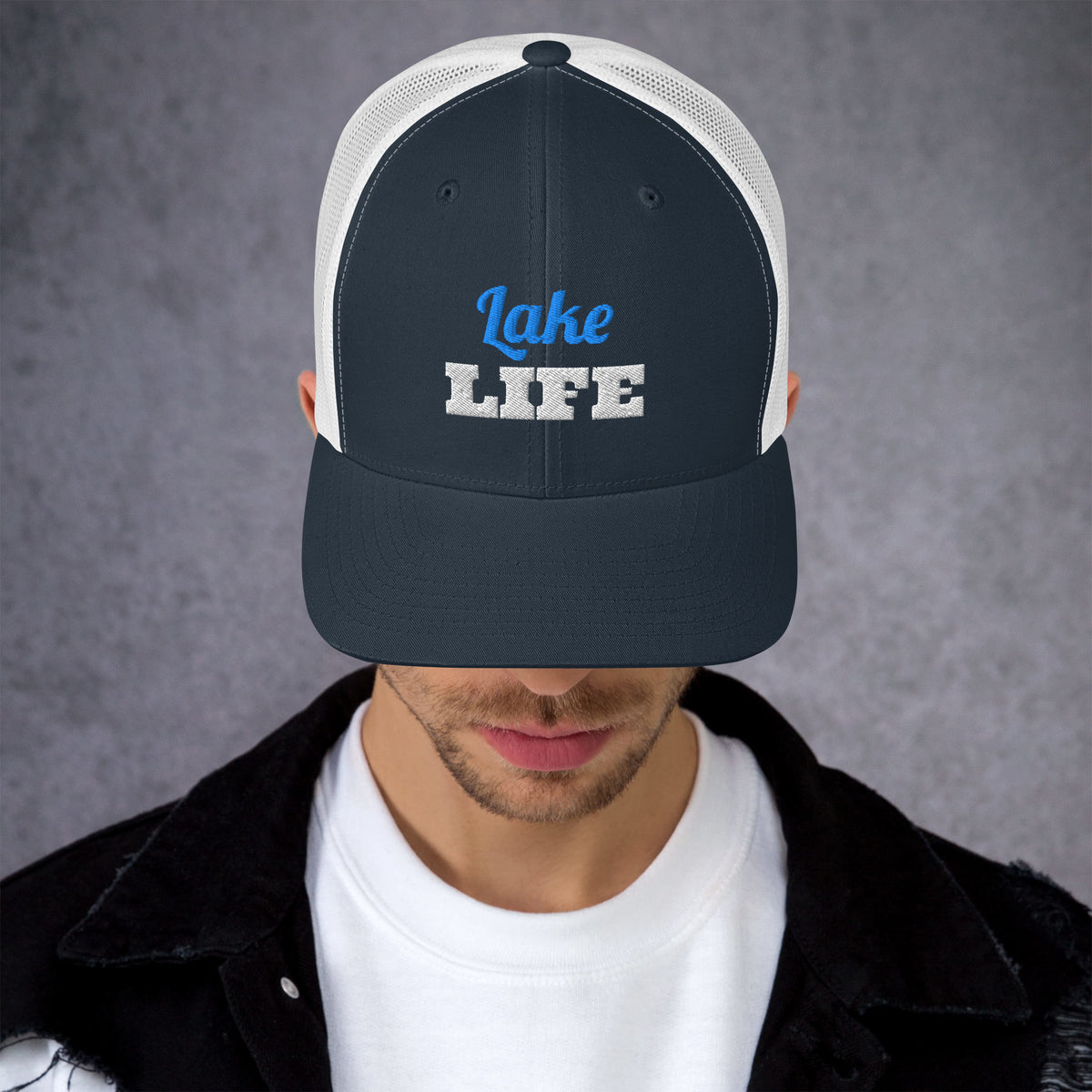 Lake Life Embroidered Trucker Hat in Navy/ White, front view