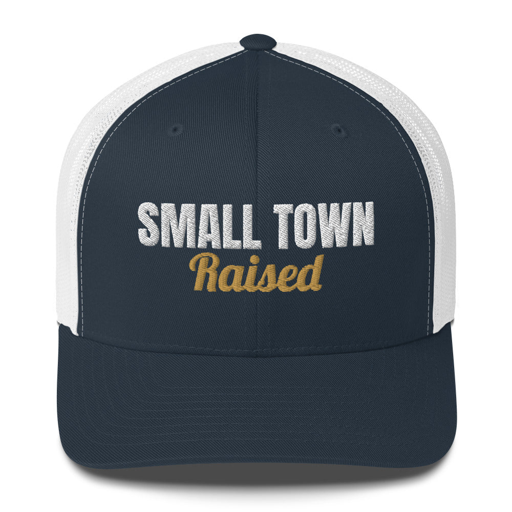 Small Town Raised Embroidered Trucker Hat in Navy/ White, front view