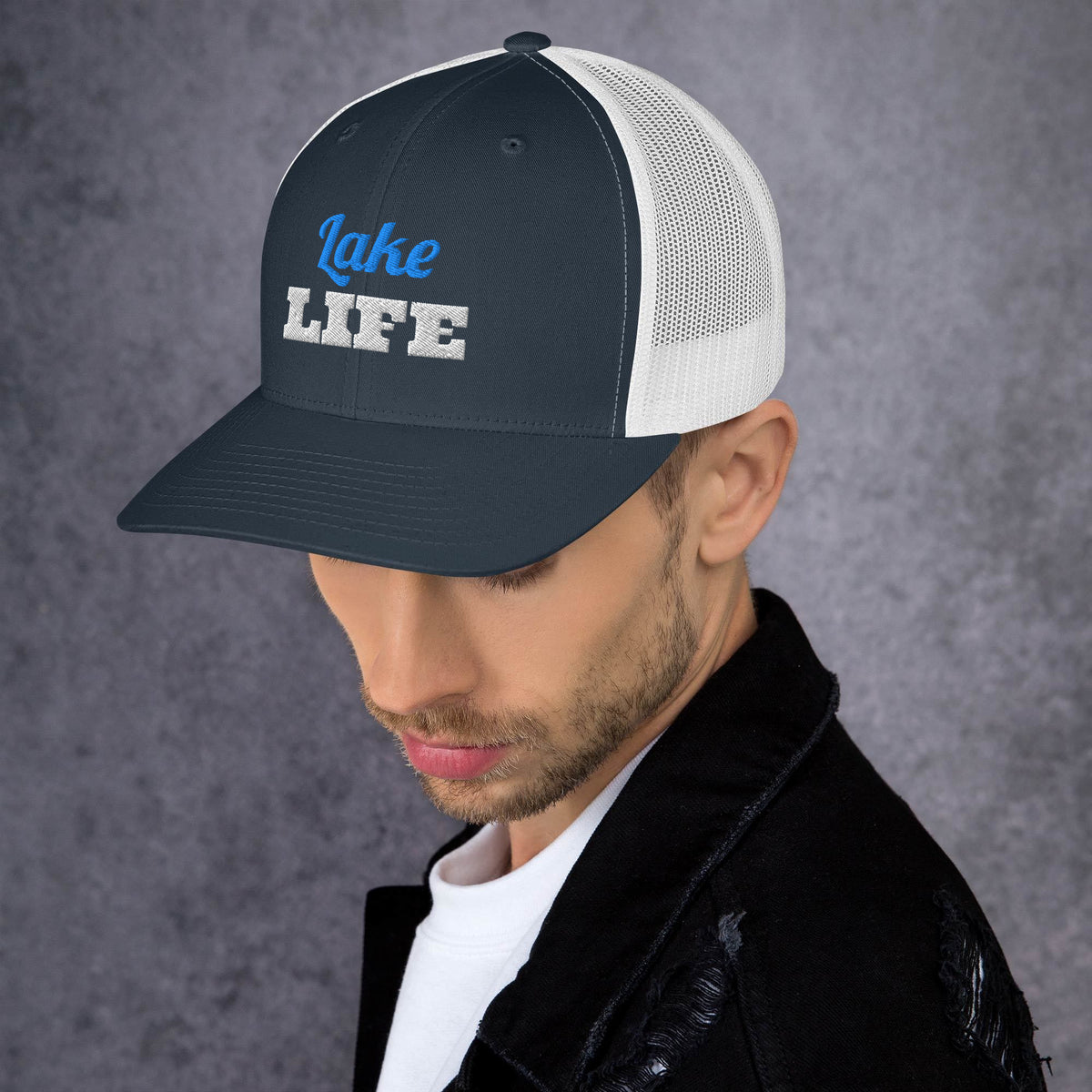 Lake Life Embroidered Trucker Hat in Navy/ White, left front view