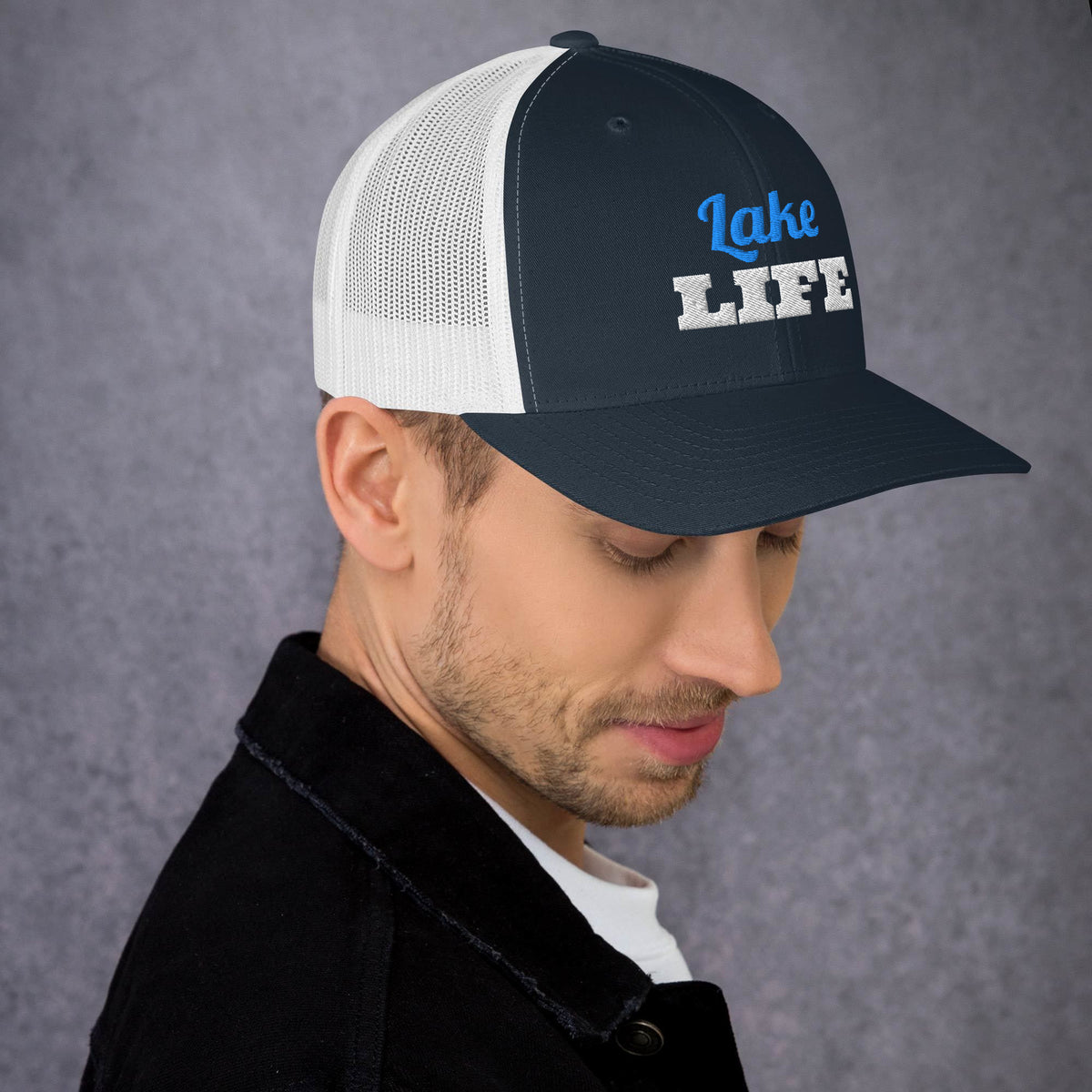Lake Life Embroidered Trucker Hat in Navy/ White, right front view