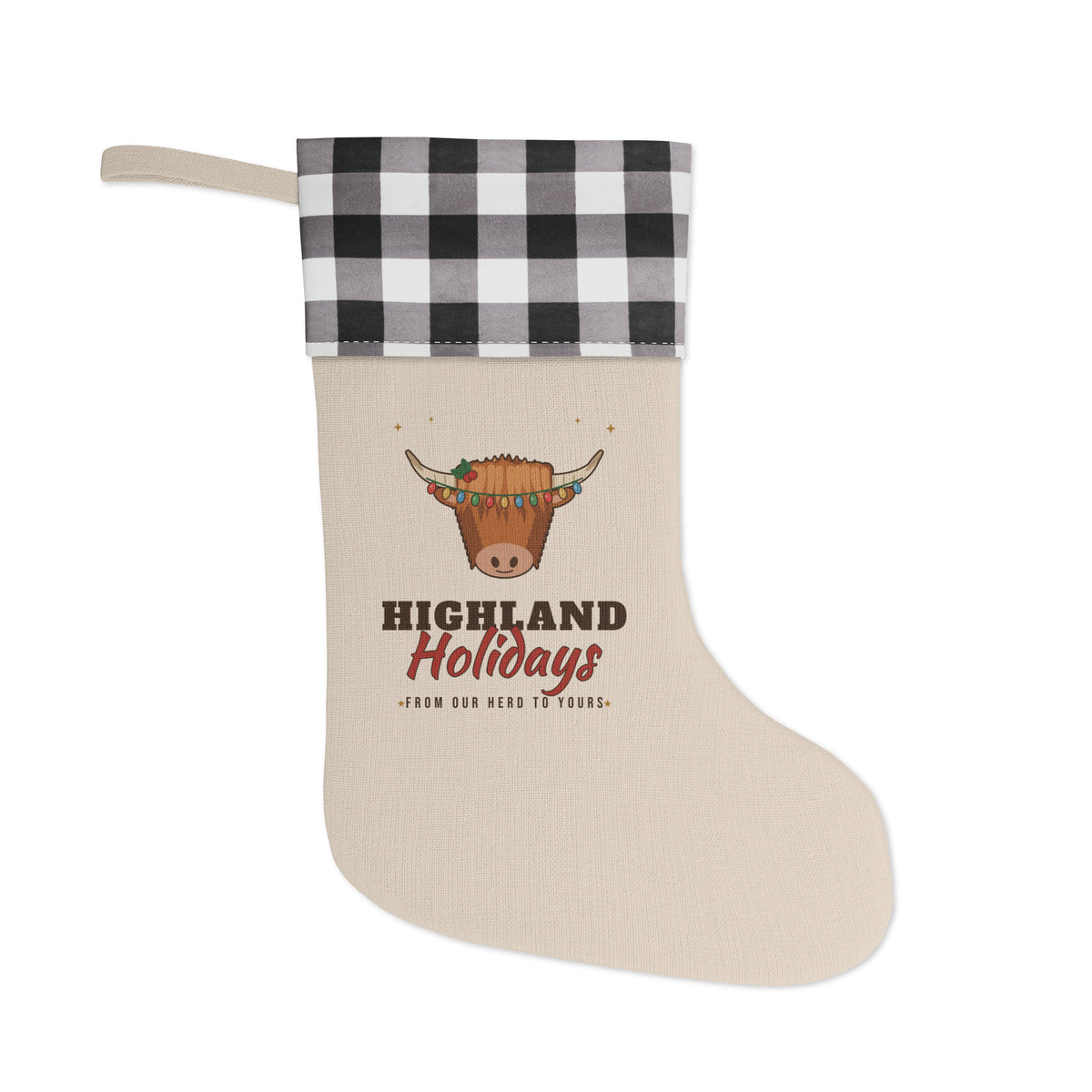 Highland Holidays Highland Cow Christmas Stocking, front view