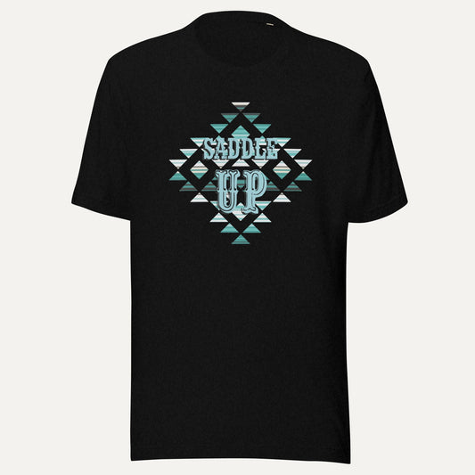 Saddle Up Aztec Tee in Black Heather, front view