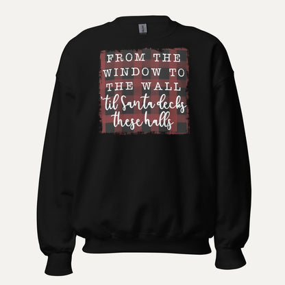 Santa Decks These Halls Unisex Long Sleeve Sweatshirt in Black, front view