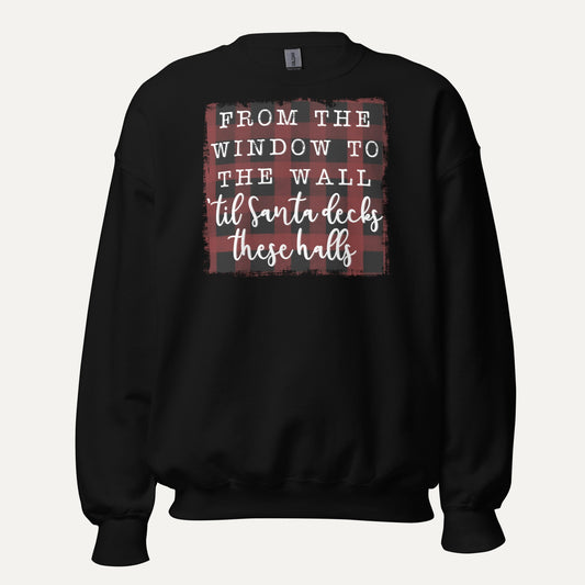 Santa Decks These Halls Unisex Long Sleeve Sweatshirt in Black, front view