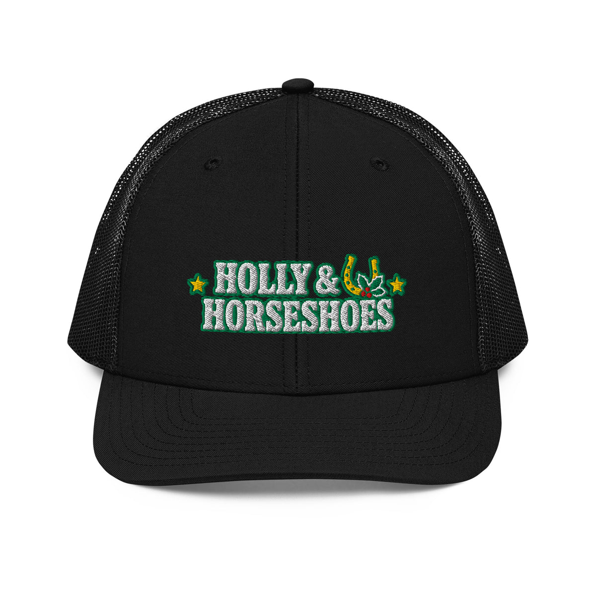 Holly & Horseshoes Embroidered Trucker Hat in Black, front view