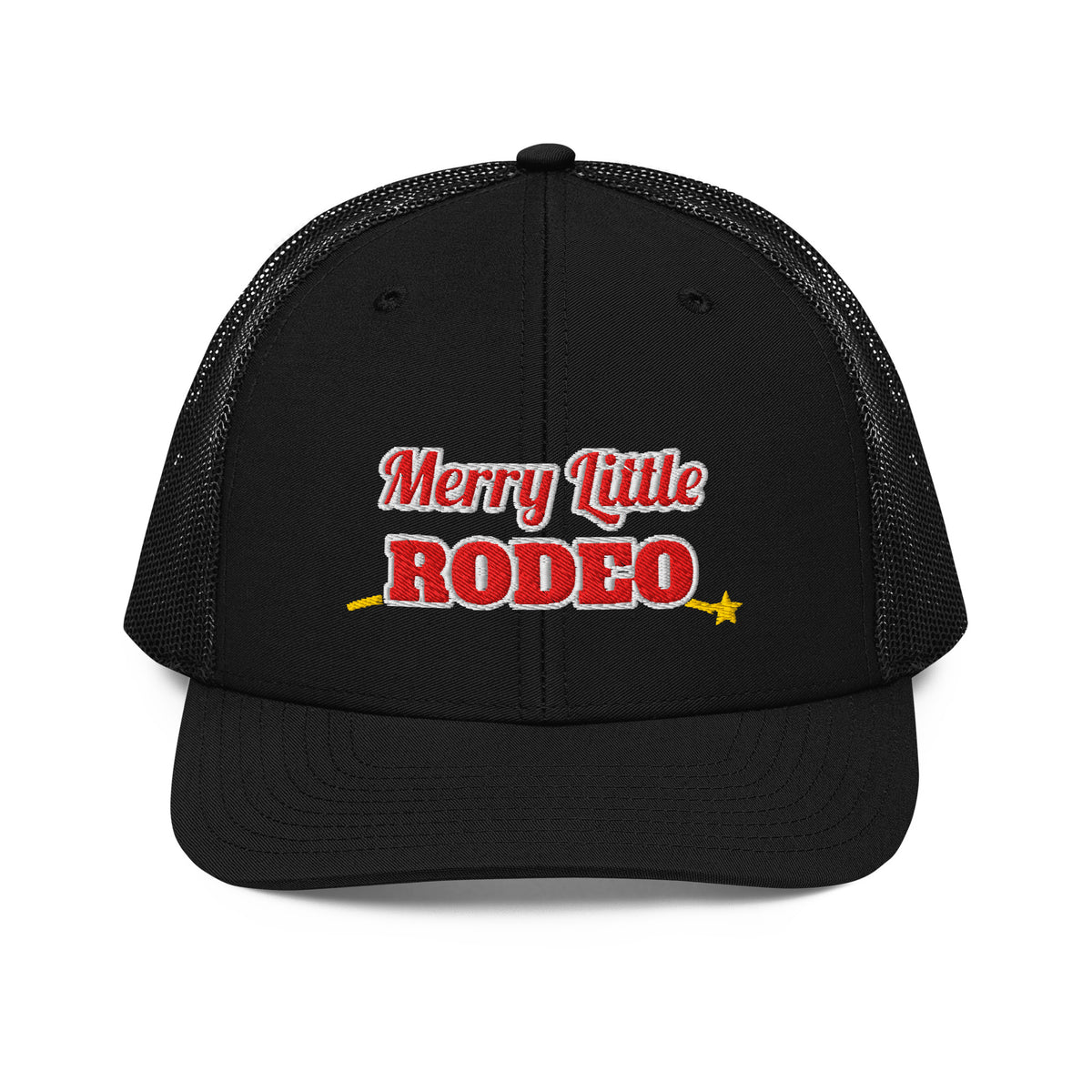Merry Little Rodeo Embroidered Trucker Hat in Black, front view