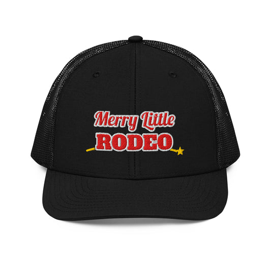 Merry Little Rodeo Embroidered Trucker Hat in Black, front view