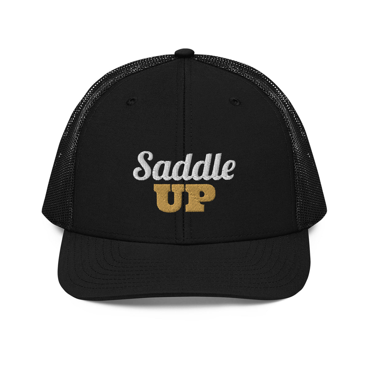 Saddle Up Embroidered Trucker Hat in Black, front view
