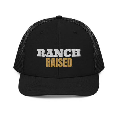 Ranch Raised Embroidered Trucker Hat in Black, front view