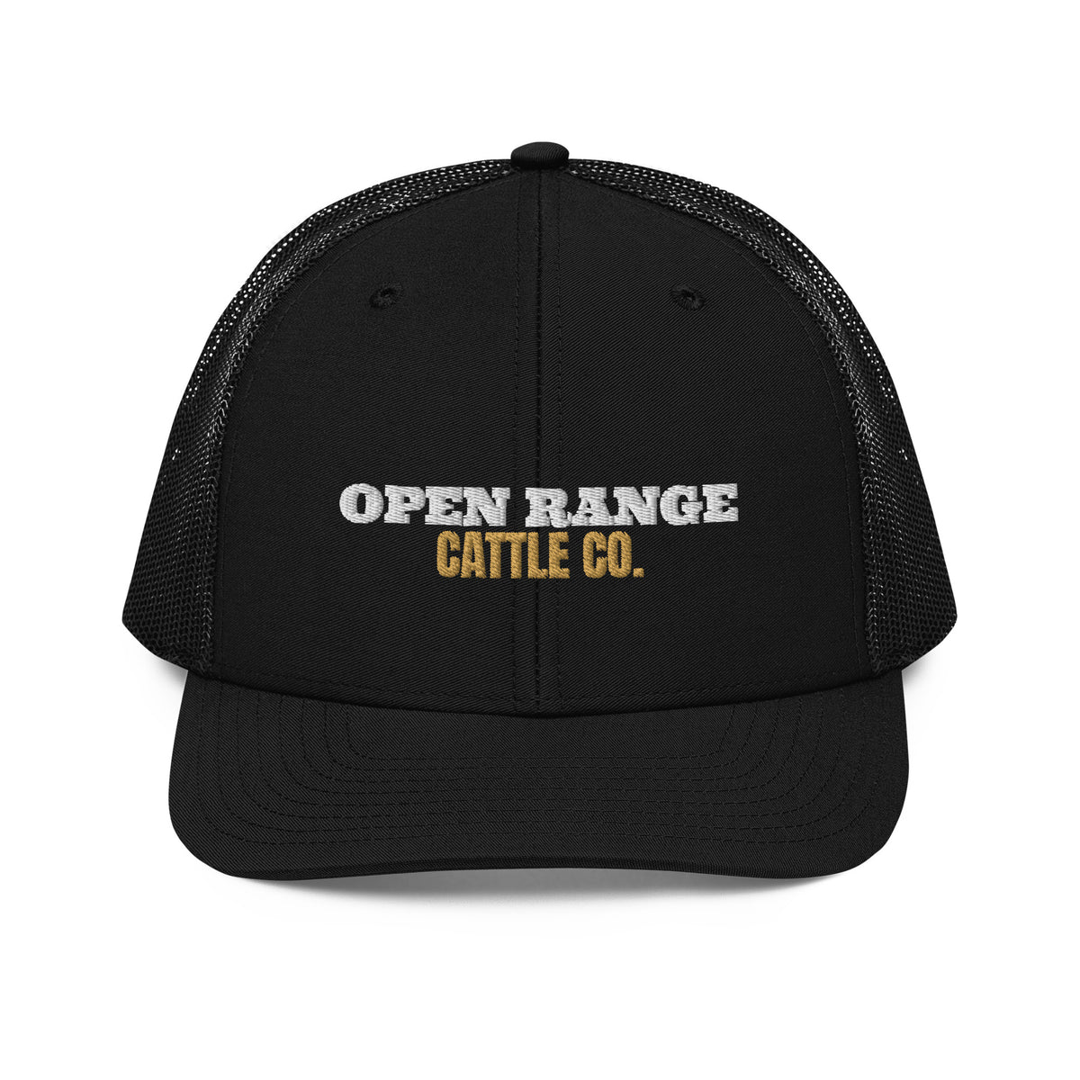 Open Range Cattle Co. Embroidered Trucker Hat in Black, front view