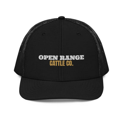 Open Range Cattle Co. Embroidered Trucker Hat in Black, front view