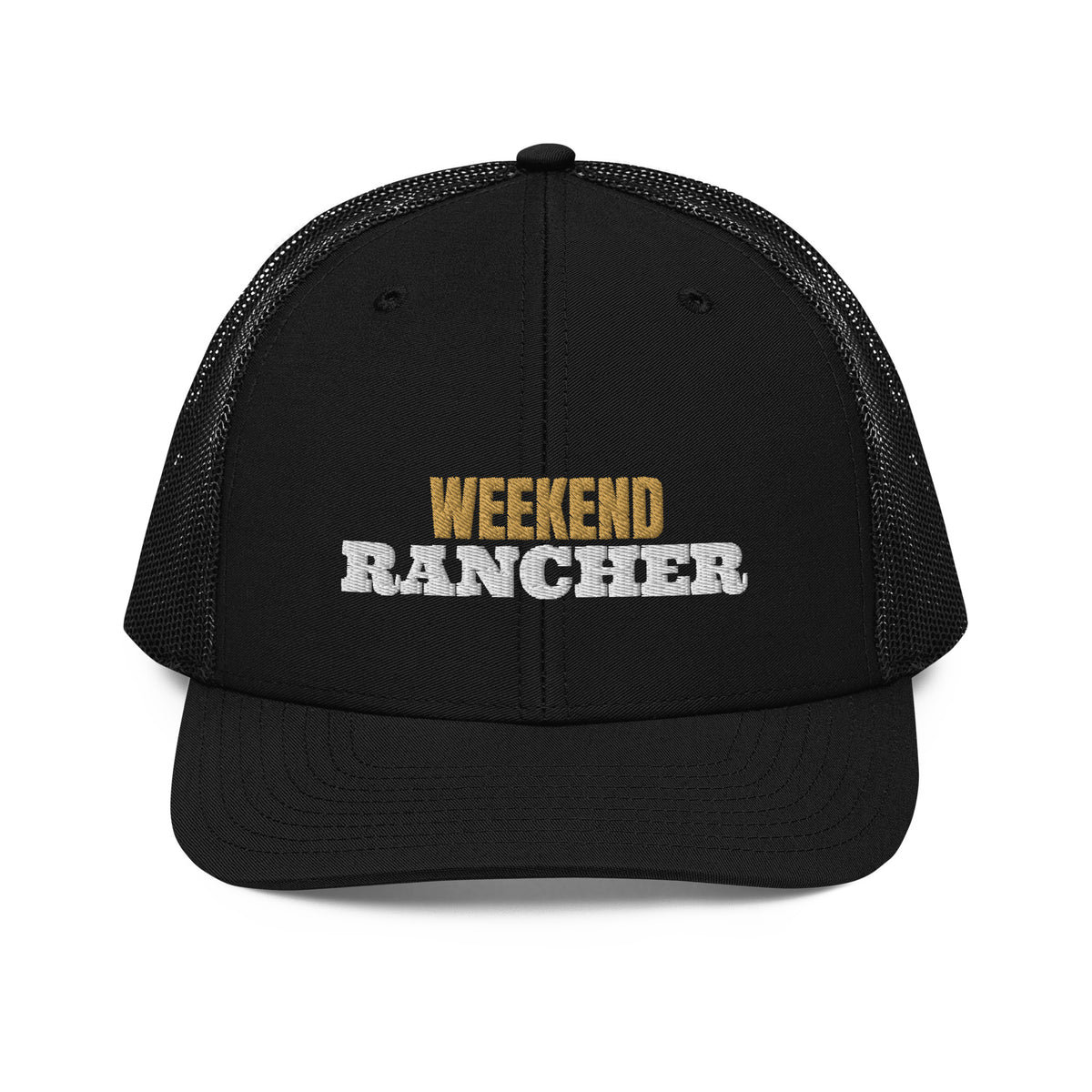 Weekend Rancher Embroidered Trucker Hat in Black, front view
