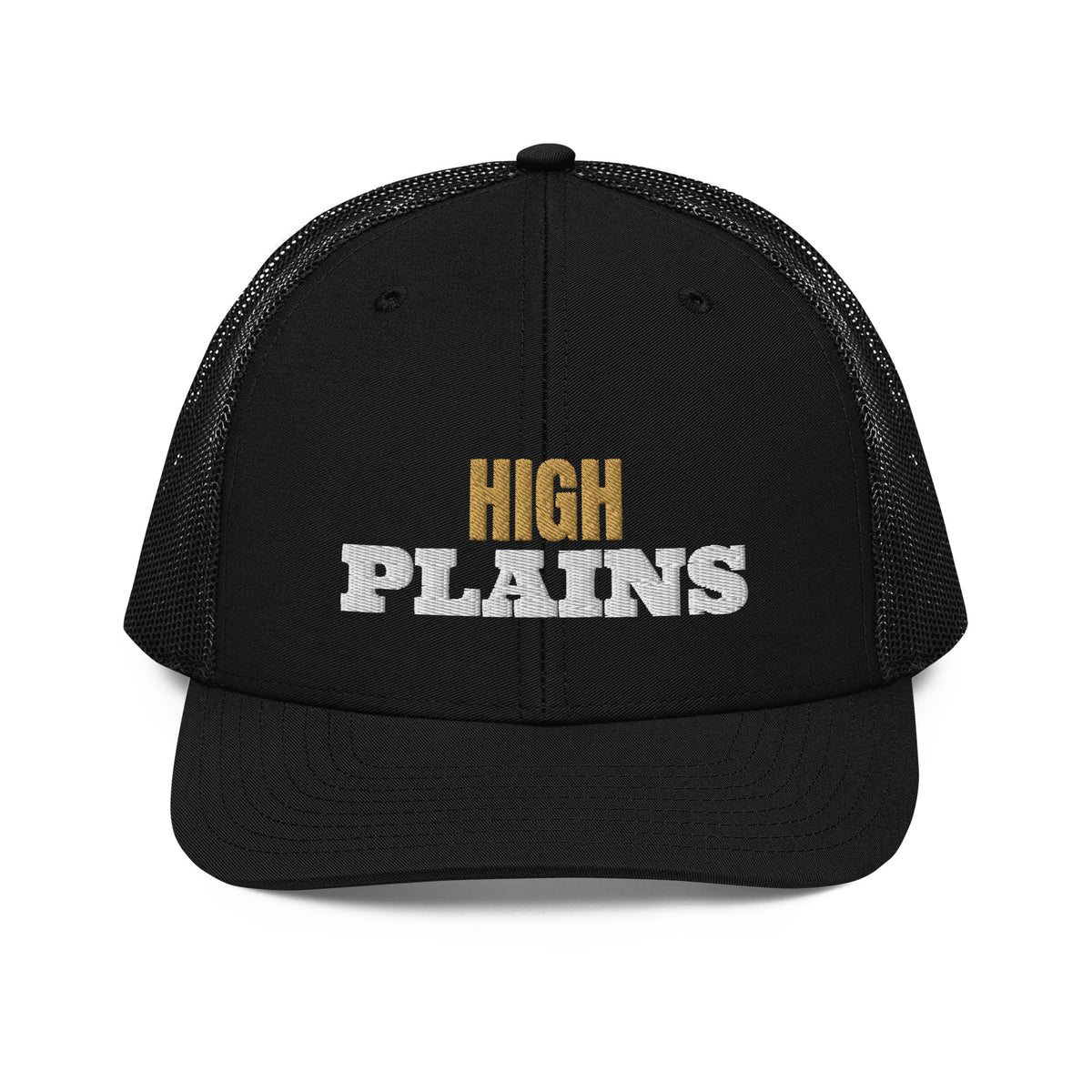 High Plains Embroidered Trucker Hat in Black, front view