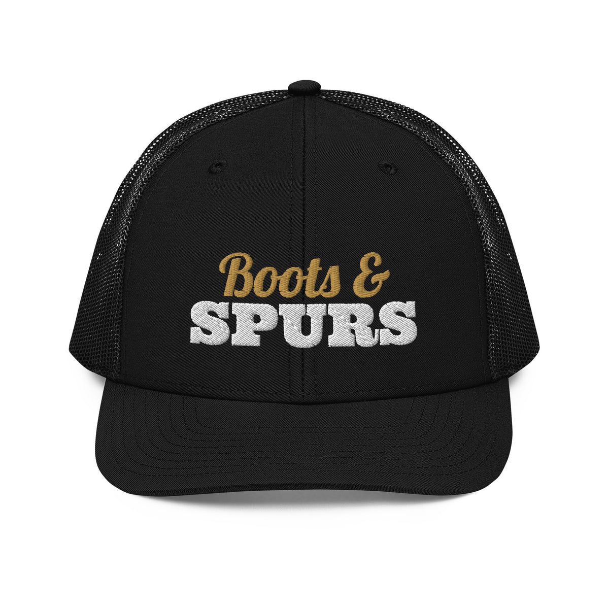 Boots & Spurs Embroidered Trucker Hat in Black, front view