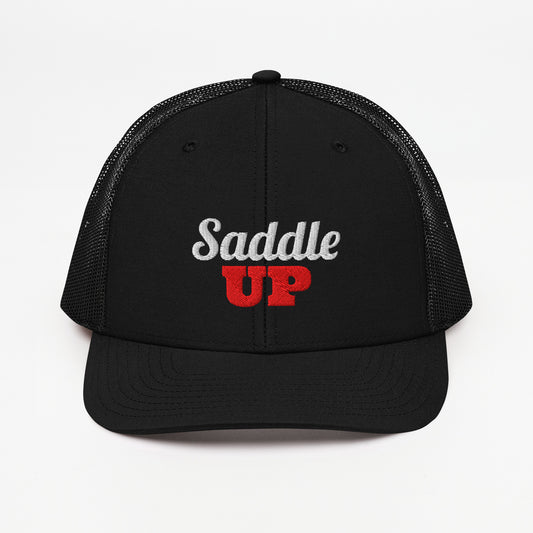 Saddle Up embroidered snapback trucker hat in Black with white and red embroidery, front view