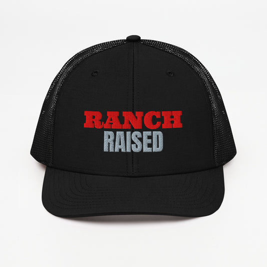 Ranch Raised embroidered snapback trucker hat in Black with red and grey embroidery, front view