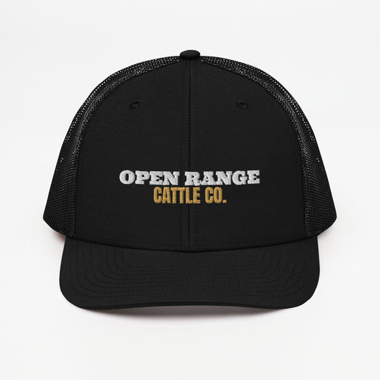 Open Range Cattle Co. embroidered snapback trucker hat in Black with white and old gold embroidery, front view