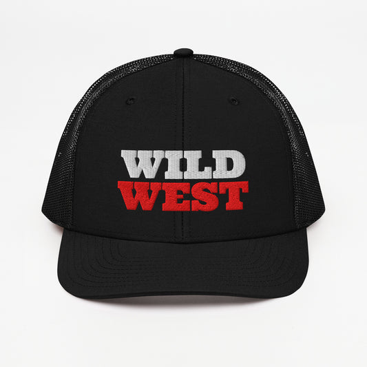 Wild West embroidered snapback trucker hat in Black with white and red embroidery, front view
