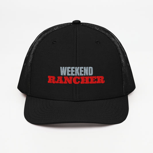 Weekend Rancher embroidered snapback trucker hat in Black with red and grey embroidery, front view