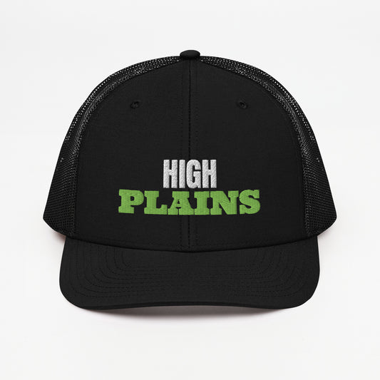 High Plains embroidered snapback trucker hat in Black with kiwi green and white embroidery, front view